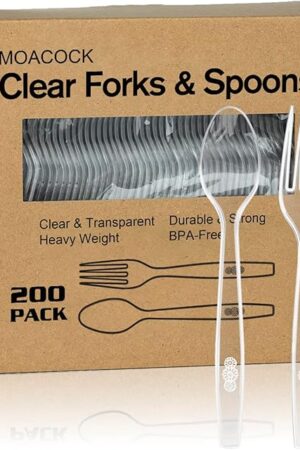 200 Count Plastic Silverware, Heavy Weight Plastic Forks Spoons Disposable Utensils Cutlery Set for Wedding Party Supplies Everyday Use