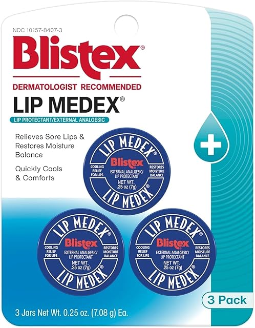 Blistex Lip Medex, 025 Ounce, 3 Count, Medicated Relief with Immediate Cooling, Soothes and Protects, Advanced Hydration, Restores Healthy Moisture Balance to Lips, 1 Pack