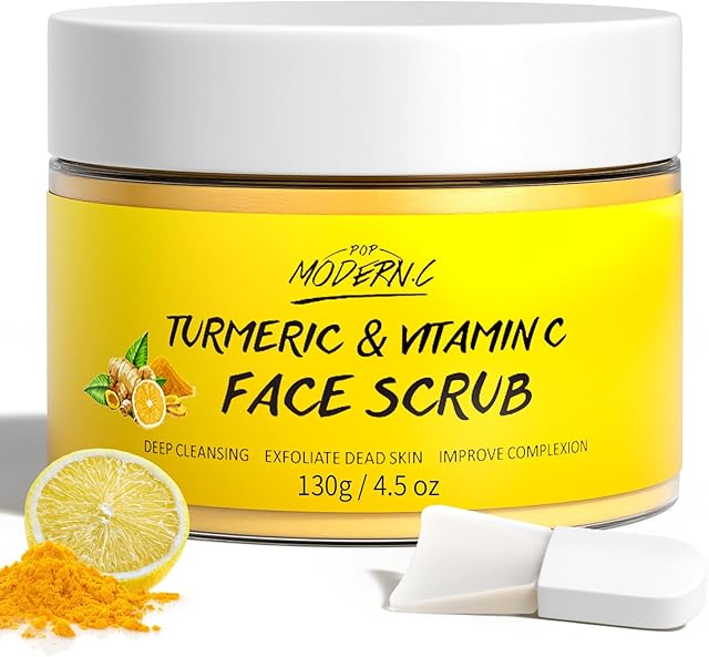 Vitamin C and Turmeric Face Scrub Cream Organics Microdermabrasion Facial Scrub Exfoliating Clears Blackheads Improve Dark Spot Acne with Strawberry Extract Exfoliator 130g/45oz