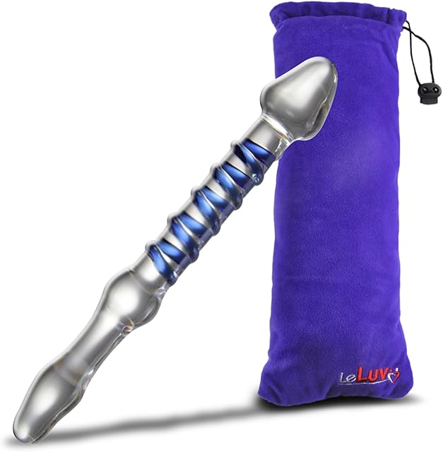 LeLuv 8.5" Double Swirl Probe Slim Pyrex Glass Dildo with Premium Padded Pouch