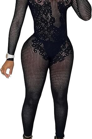 Women's Lace Flower Hollow Jumpsuits long sleeve see through jumpsuit for Club Party, Black
