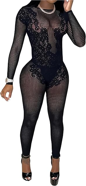 Women's Lace Flower Hollow Jumpsuits long sleeve see through jumpsuit for Club Party, Black