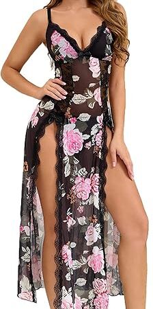 Lace Nightgown for Women Sexy V Neck Negligee Sleeveless Nightwear Long Mesh Night Gown