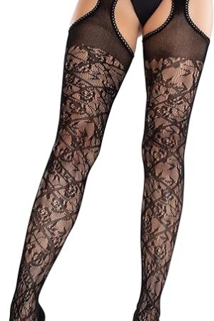 Womens Scalloped Trimmed Floral Lace Lingerie Suspender Stockings for Women Sexy, Black, One Size