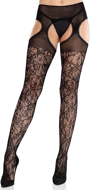 Womens Scalloped Trimmed Floral Lace Lingerie Suspender Stockings for Women Sexy, Black, One Size
