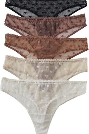 Women's Plus Size 5 Pack Thongs Cute Heart Panties Mesh No Show Underwear Low Rise Hipster