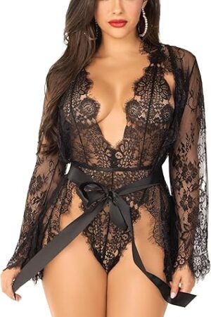 Women's 3 PC Love Affair Lace Robe and Teddy Set Sexy Lace Lingerie For Women, Black, Large