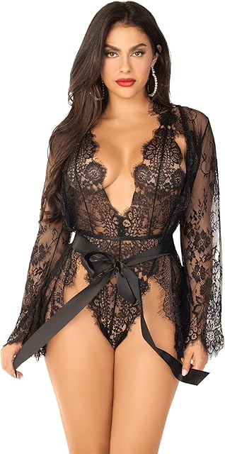 Women's 3 PC Love Affair Lace Robe and Teddy Set Sexy Lace Lingerie For Women, Black, Large