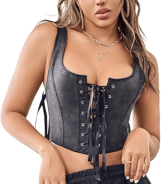 Women's Gothic Lace-Up Bustier-Corset Shoulder-Straps Tank Overbust Corset Bustiers Sexy Lingerie Sets