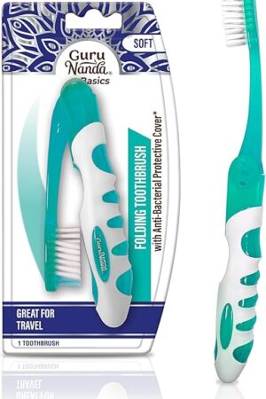 GuruNanda Folding Toothbrush with Built-in Cover, Perfect for Travel, Hiking & Camping, Compact & Portable, On-The-Go Toothbrush with Soft Bristles & Ergonomic Handle, for Adults & Kids (1 Count)