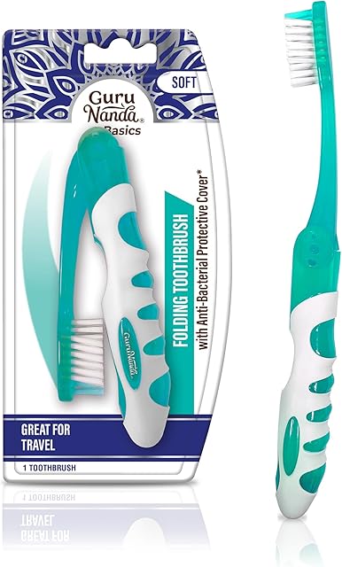 GuruNanda Folding Toothbrush with Built-in Cover, Perfect for Travel, Hiking & Camping, Compact & Portable, On-The-Go Toothbrush with Soft Bristles & Ergonomic Handle, for Adults & Kids (1 Count)