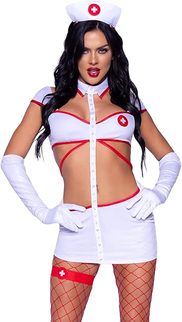 Women's 4 Pc Heartstopping Nurse Costume with Dress, Gloves, Headband, Garter