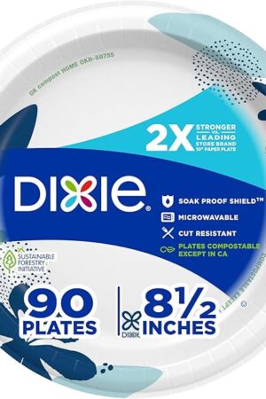 Dixie Medium Paper Plates, 85 Inch, 90 Count, 2X Stronger*, Microwave-Safe, Soak-Proof, Cut Resistant, Disposable Plates For Everyday Breakfast, Lunch, & Dinner Meals