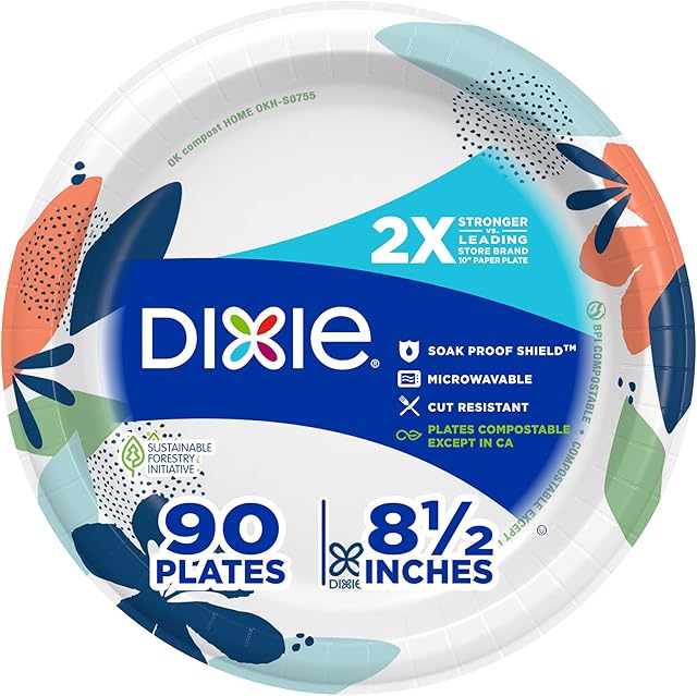 Dixie Medium Paper Plates, 85 Inch, 90 Count, 2X Stronger*, Microwave-Safe, Soak-Proof, Cut Resistant, Disposable Plates For Everyday Breakfast, Lunch, & Dinner Meals