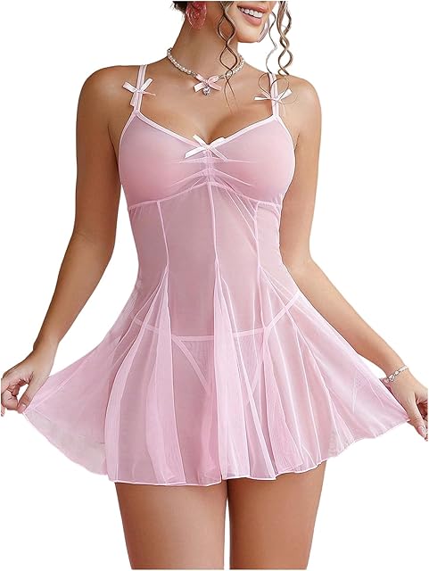 Women's Lingerie Bowknot Sheer Ruffle Strap Nightgowns Chemise Boudoir Nighty Sleepwear