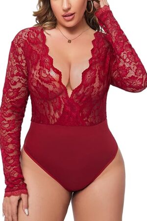 Women Plus Size Lace Bodysuit Sexy Deep V Leotard Snap Crotch Long Sleeve Tops L-XXXL