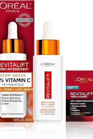 L'Oreal Paris Revitalift 12% Pure Vitamin C Serum, Brightening Serum For Face with Vitamin E, Salicylic Acid, 1 oz + Moisturizer Sample
