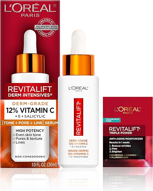 L'Oreal Paris Revitalift 12% Pure Vitamin C Serum, Brightening Serum For Face with Vitamin E, Salicylic Acid, 1 oz + Moisturizer Sample