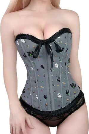 Women's Lace Up Boned Overbust Corset Bustier Bodyshaper Top - Sugar Bat Pattern