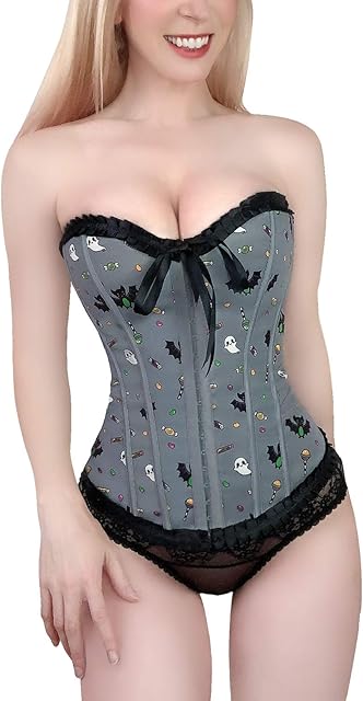 Women's Lace Up Boned Overbust Corset Bustier Bodyshaper Top - Sugar Bat Pattern