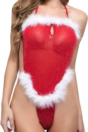 Christmas Lingerie for Women Fur Trim Mesh Sheer Sexy Babydoll Naughty Bodysuit Halter Backless Jumpsuit Leotard