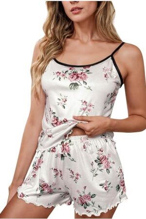 Women's Floral Print Cami Pajamas Sets Shorts Sleepwear Sexy Pjs Sets Summer Camisole Nightwear Loungewear