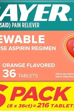 Bayer Aspirin Low Dose 81 mg Chewable Tablets, Pain Reliever, Orange Flavored, 216 Tablets (6 Pack)