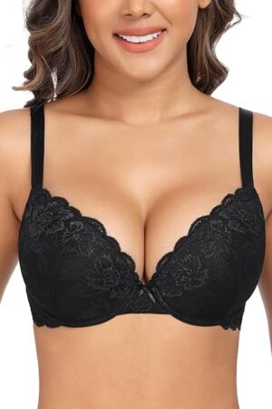 Women's Push Up Bra Underwire Padded Lace Brassiere Plunge V Sexy Floral Lacey Everyday Bra