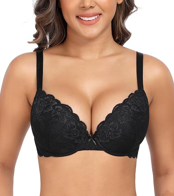 Women's Push Up Bra Underwire Padded Lace Brassiere Plunge V Sexy Floral Lacey Everyday Bra