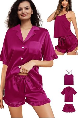 3Pcs Womens Ruffle Satin Pajama Sets XS-4XL Silk Pajamas Set Sexy Cami Tops Silky Pj Sets Sleepwear Nightwear