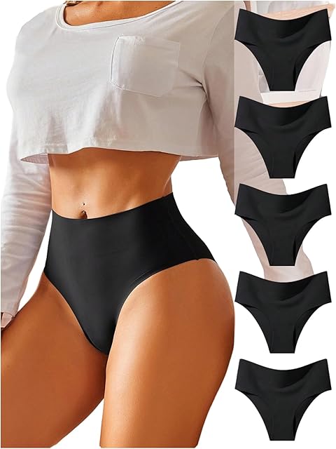 Women's 5-Pack Seamless Sexy No Show Underwear High Rise Moisture Wicking Breathable Briefs Panties for Women