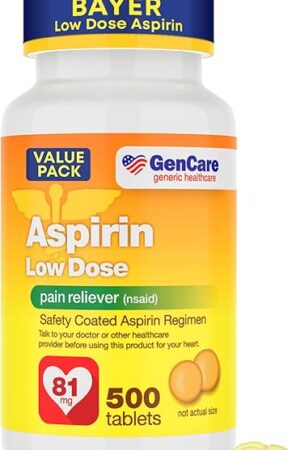 GenCare - Low Dose Aspirin 81mg for Adults Coated (NSAID) 500 Tablets | Adult Low Dose | Enteric Coated Aspirin Pills | Muscle Pain & Menstrual Pain Relief | Fever Reducer | Generic Bayer