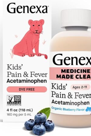 Genexa Children's Acetaminophen | Pain & Fever Reducer for Kids | Clean Kids Medicine, Dye Free, 0% Artificial Additives | Ages 2-11 | Organic Blueberry Liquid, 4 fl oz
