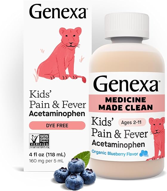 Genexa Children's Acetaminophen | Pain & Fever Reducer for Kids | Clean Kids Medicine, Dye Free, 0% Artificial Additives | Ages 2-11 | Organic Blueberry Liquid, 4 fl oz