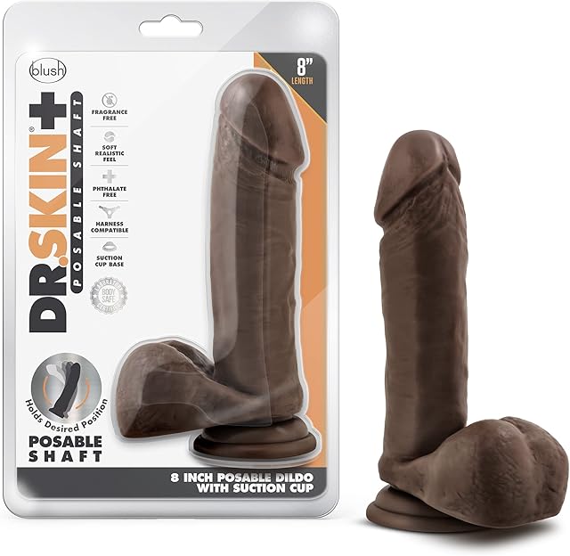Blush Novelties Dr. Skin Plus - 8 Inch Realistic Posable Dildo with Balls - Suction Cup Base for Hands Free Play and Harness Compatible - Triple Density and Flexible Sex Toy for Him Her Couples