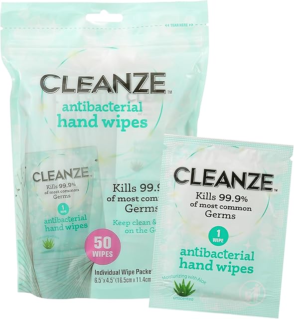 Antibacterial Hand Sanitizing Individual Hand Wipe Packets, 50 Unscented Disinfecting Hand Sanitizer Wipes with Aloe for Travel, Kills 999% of Germs