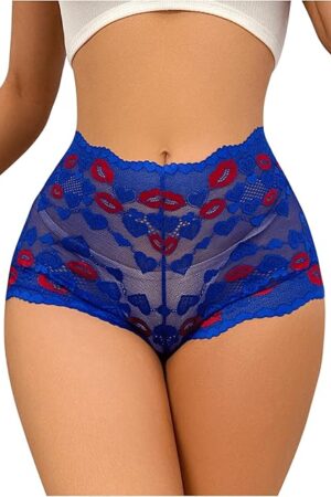 Women's Lace Mesh Sheer Boyshort Panty Graphic High Rise Brief Underwear