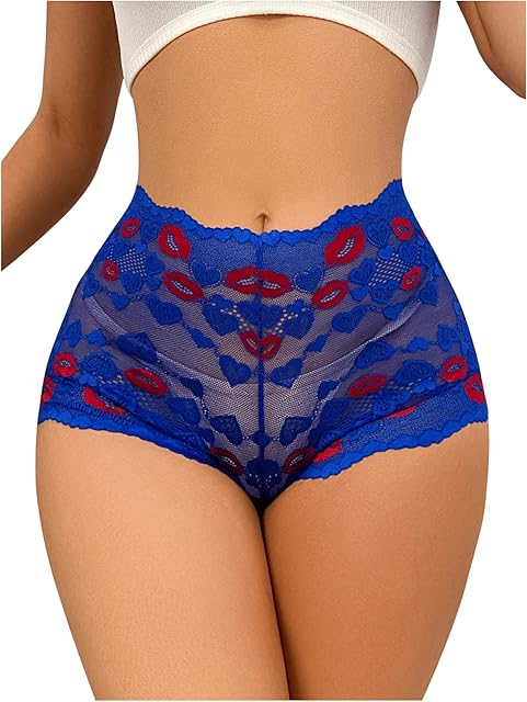 Women's Lace Mesh Sheer Boyshort Panty Graphic High Rise Brief Underwear