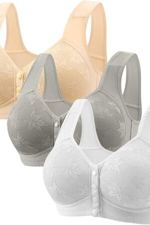 Daisy Bras for Older Women 3PC Comfy Front Closure Padded Snap Closing Bra Seamless Wireless Supportive Bra