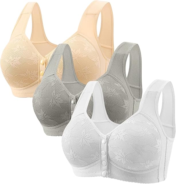 Daisy Bras for Older Women 3PC Comfy Front Closure Padded Snap Closing Bra Seamless Wireless Supportive Bra