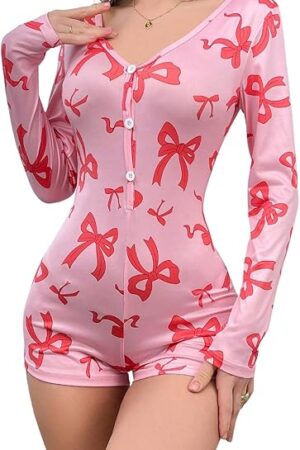 Women's Bowknot Romper V Neck Long Sleeve Button Front Shorts Sexy Onesie Pajama