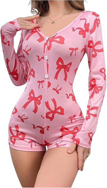 Women's Bowknot Romper V Neck Long Sleeve Button Front Shorts Sexy Onesie Pajama