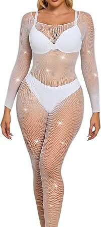 Fishnet Bodystocking Fishnets Bodysuit for Women Long Sleeve Stocking Sparkle Rhinestone Sexy Lingerie Outfits