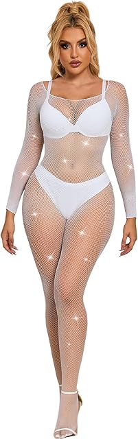 Fishnet Bodystocking Fishnets Bodysuit for Women Long Sleeve Stocking Sparkle Rhinestone Sexy Lingerie Outfits