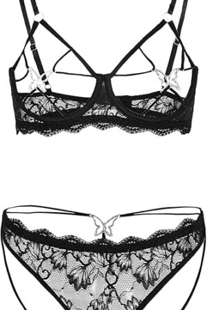 Women's 2 Piece Lace Deep V Hollow Out Bra Set Sexy Lingerie