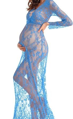 Boudoir Maternity Long Sleeve Lace Dress Milk Bath Photoshoot Gown Sexy Women Deep V-Neck Lingerie Robe Nightgowns