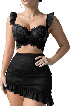 Women Lingerie Floral Lace Bra and Bodydon Mesh Skirt with G-String Thong Babydoll Lingerie Set