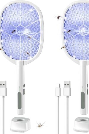 2PACK Electric Fly Swatter,4000V Bug Zapper Racket,2 in 1 Mosquito Zapper Racket with 1200ml Battery Rechargeable Purple Mosquito Killer Lamp with 3 Layers Safety Net Suitable for Indoor and Outdoor