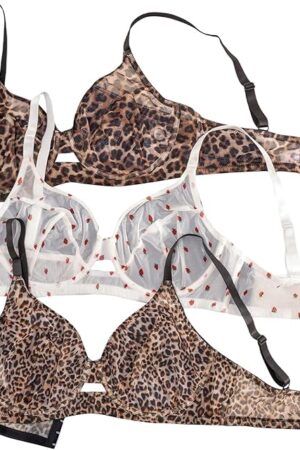 Women's Plus Size 3 Pack Leopard Sexy Sheer Bras Cheetah See Through Underwire Bralettes Y2K Unlined Balconette Bra