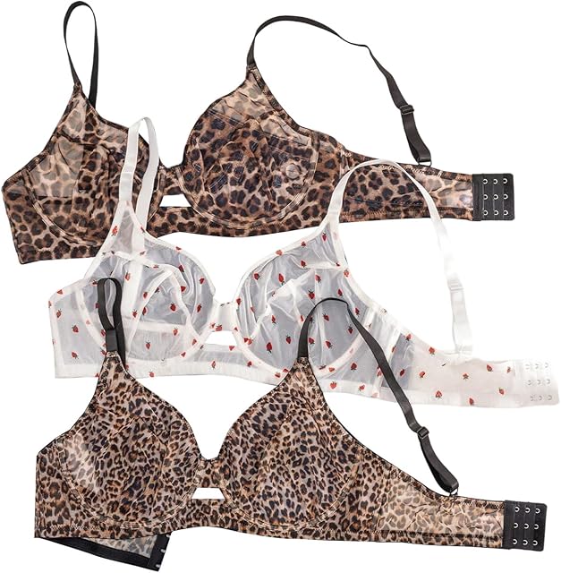 Women's Plus Size 3 Pack Leopard Sexy Sheer Bras Cheetah See Through Underwire Bralettes Y2K Unlined Balconette Bra